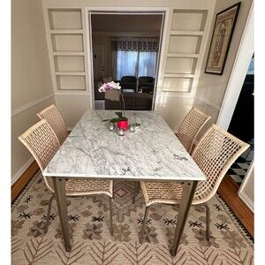 CB2 Paradigm Dining Room Table w/ REAL Carrara Marble and IKEA Nandor Chairs (4)